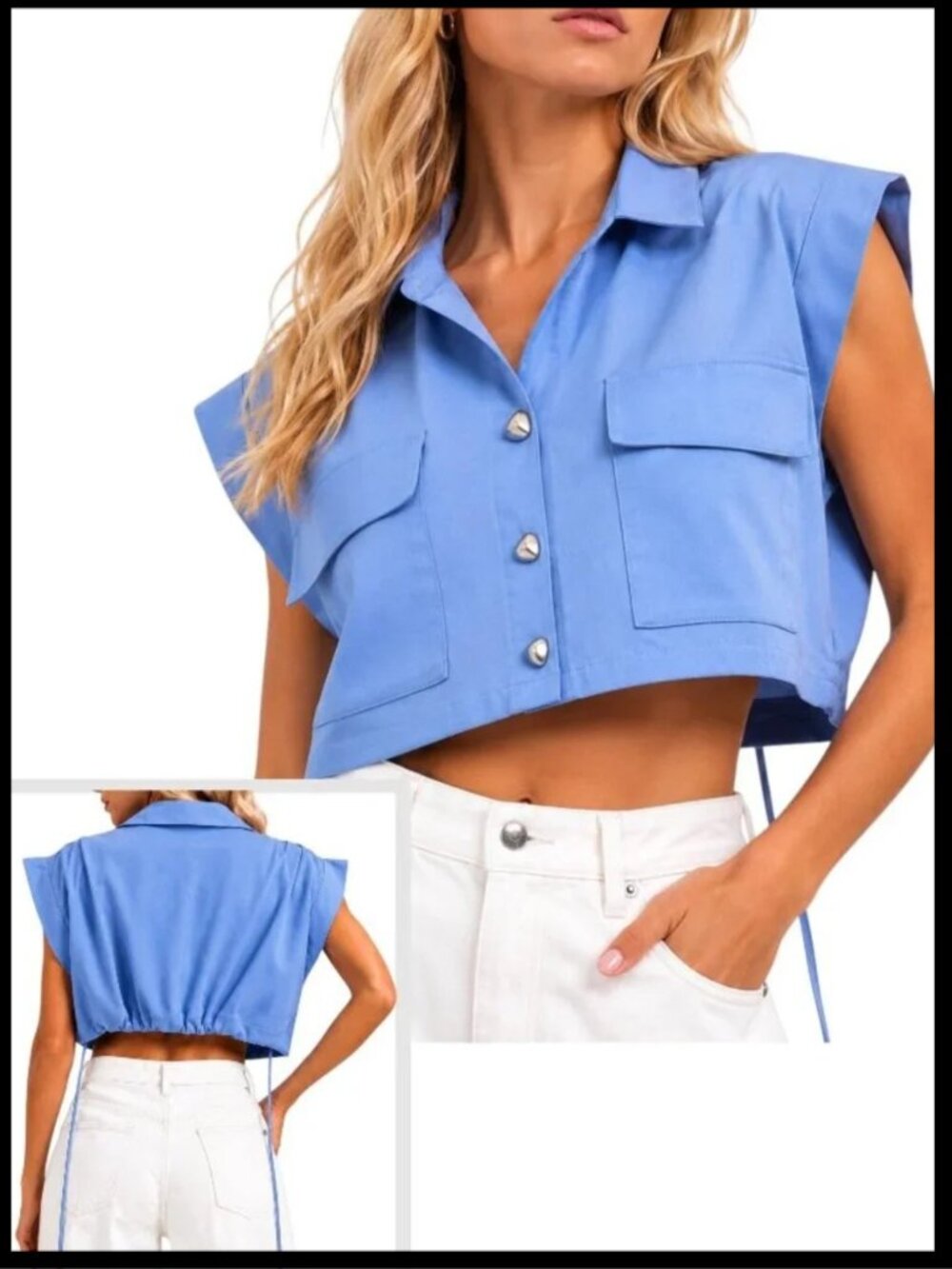Cobalt Blue Button Front Cropped Blouse Contemporary XS–M